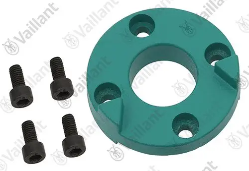 Vaillant Flansch in runder Form mit zentralem Loch und mehreren Befestigungsbohrungen, begleitet von vier schwarzen Schrauben.
